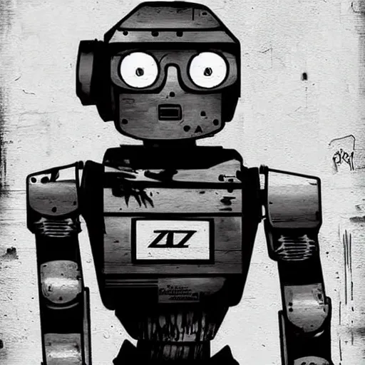Prompt: chappie robot color graffiti, black and white zef design graffiti on the wall, dark lighting, digital art