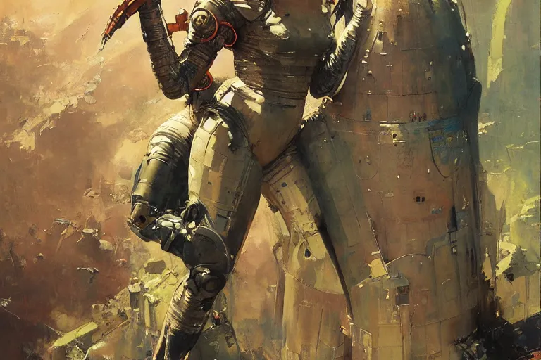 Image similar to pulp scifi fantasy illustration full body portrait of elegant woman wearing spacesuit, by norman rockwell, jack kirby, john berkey, bergey, craig mullins, ruan jia, raymond swanland, jeremy mann, beksinski, tom lovell, rodney matthews