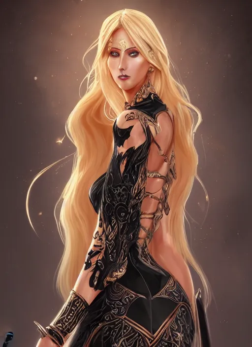 Image similar to a highly detailed illustration of fierce blonde tanned skin goddess ereshkigal wearing black dress, dramatic elegant powerful pose, perfect face, perfect body, intricate, elegant, highly detailed, centered, digital painting, artstation, concept art, smooth, sharp focus, league of legends concept art, wlop