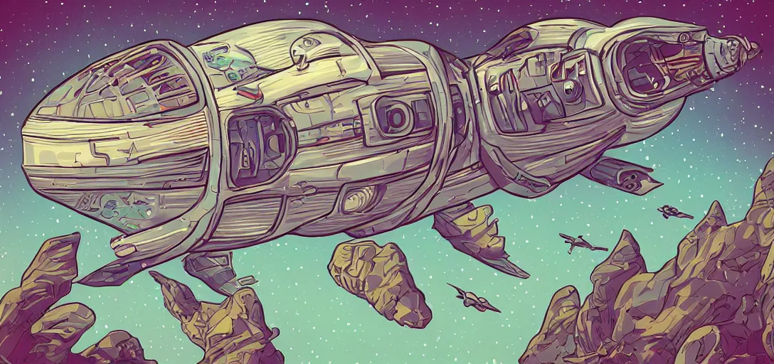 Prompt: Space capsule above the sky in the graphic style of Tim Shumate, detailed art, trending on Artstation, sharp focus, comic art