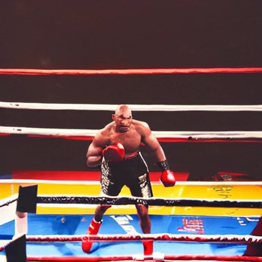 Prompt: mike tyson in a boxing arena, smoky background, rim backlighting