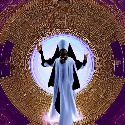 Image similar to symmetry!! an african moor wearing white robes and turban entering the voidspace. ornate, golden, steampunk stargate. front game card. marvel comics. dark. intricate. highly detailed. smooth. artstation. digital illustration by ruan jia, mandy jurgens, artgerm, wayne barlowe, greg rutkowski, and zdislaw beksinsk.