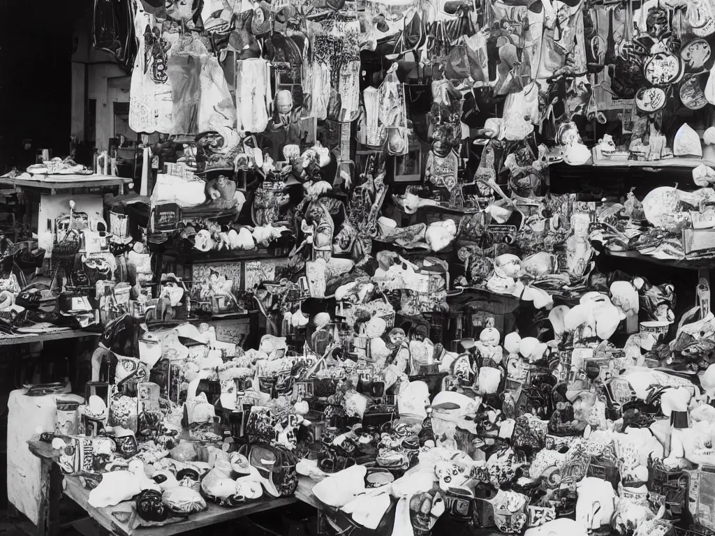 Prompt: a photograph of a market stall, every item is an exploding head. effortless beauty in the style of man ray