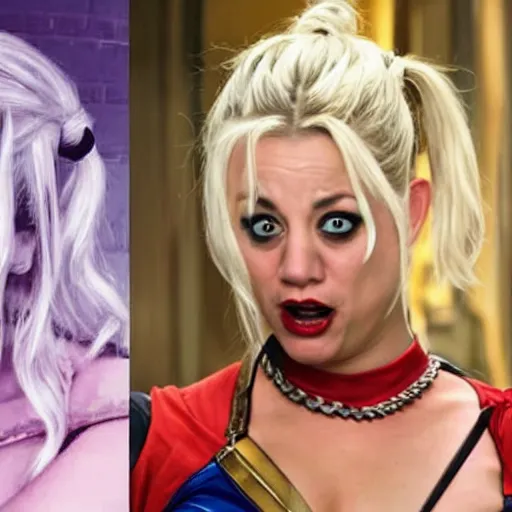 Image similar to A still of Kaley Cuoco as Harley Quinn