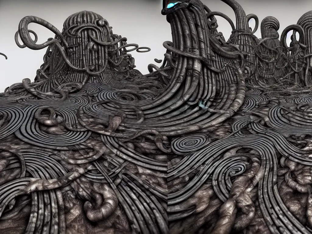 Image similar to hr giger landscape, neo surrealism, art by ernst haeckel and daniel martin diaz and mc escher, 8 k, unreal engine render