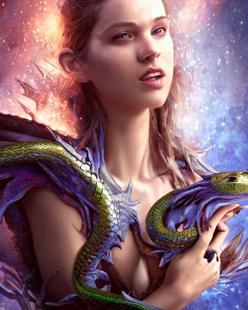 Image similar to portrait high definition photograph beautiful woman holding a dragon fantasy character art, hyper realistic, pretty face, hyperrealism, iridescence water elemental, snake skin armor forest dryad, woody foliage, 8 k dop dof hdr fantasy character art, by aleski briclot and alexander'hollllow'fedosav and laura zalenga and roger dean