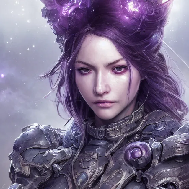 Prompt: close facial portrait of a pale woman in sci - fi armor with a flowing purple, elegant, stoic, intense, ultrafine hyperdetailed illustration by kim jung gi, irakli nadar, intricate linework, sharp focus, octopath traveler, final fantasy, hearthstone, highly rendered, global illumination, radiant light, detailed, intricate environment