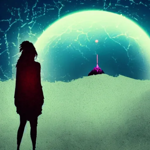 Image similar to A sad spiritual witch standing on a deserted planet looking at camera, distant background, red lighting, ominous, moonlight, bokeh, detailed face synthwave, psychedelic, glitch, acrylic, flooko, detailed,