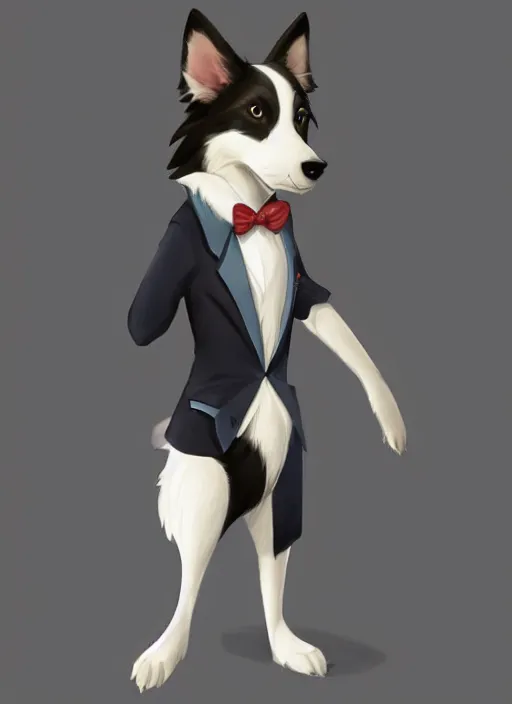 Prompt: beautiful full body character portrait of a cute male anthropomorphic border collie fursona wearing a suit. character design by disney, charlie bowater, ross tran, artgerm, and makoto shinkai, detailed, soft lighting, rendered in octane