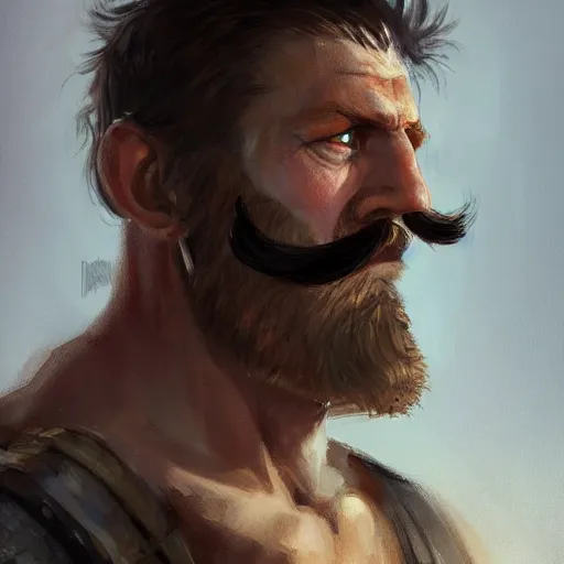 Image similar to portrait old barbarian warrior with trucker mustache and short hair, 8 k, trending on art station, by tooth wu and greg rutkowski