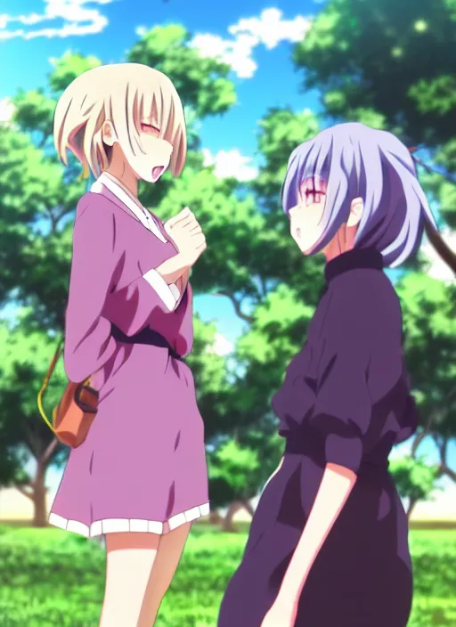 Image similar to two beautiful anime mothers face to face taunting each other, spring clothes, park setting, gorgeous faces, middle shot, smooth, cinematic lighting, detailed anime art