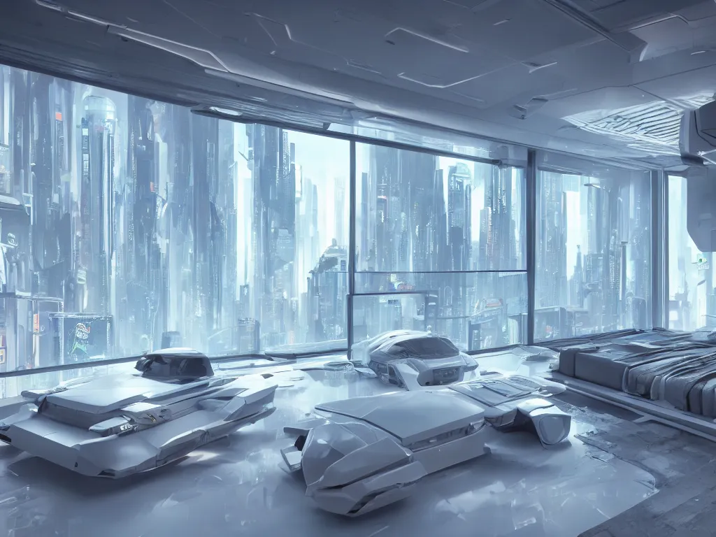 Image similar to a futuristic luxury white bedroom with ceiling high windows looking out to a far future cyberpunk cityscape with many flying cars, night time, neon lights, cinematic 3d render, unreal engine 5, cgsociety