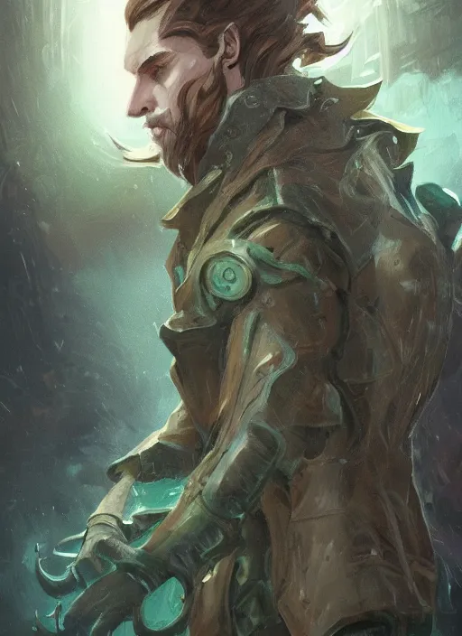 Image similar to a highly detailed illustration of thick wavy brown haired young white guy wearing brown trench coat and wearing green face mask, with many mechanical arms on his back, dramatic hands in pocket standing pose, intricate, elegant, highly detailed, centered, digital painting, artstation, concept art, smooth, sharp focus, league of legends concept art, WLOP