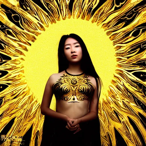 Image similar to asian girl, liquid golden and black fluid, magic hour, dramatic light, liquid painting, golden bodypaint, world best photography, indian patterns, bokeh, golden jewelry filigree, body detaily, ornaments, fresco by michealangelo, golden rays, god rays, epic cinematic wallpaper