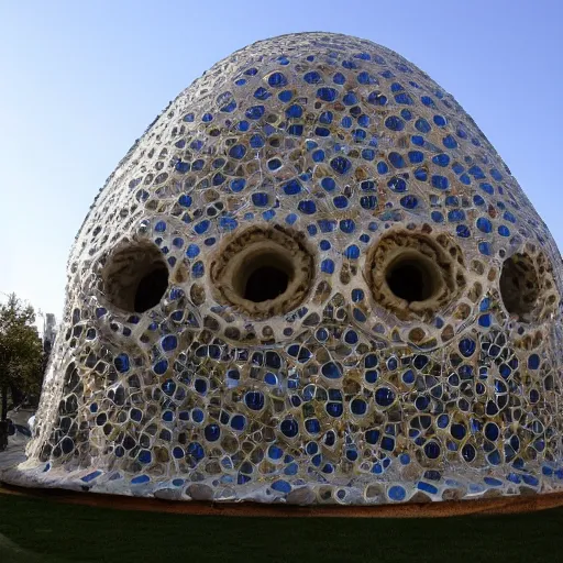 Prompt: Geodome covered with vitrals of Grogu by Gaudi