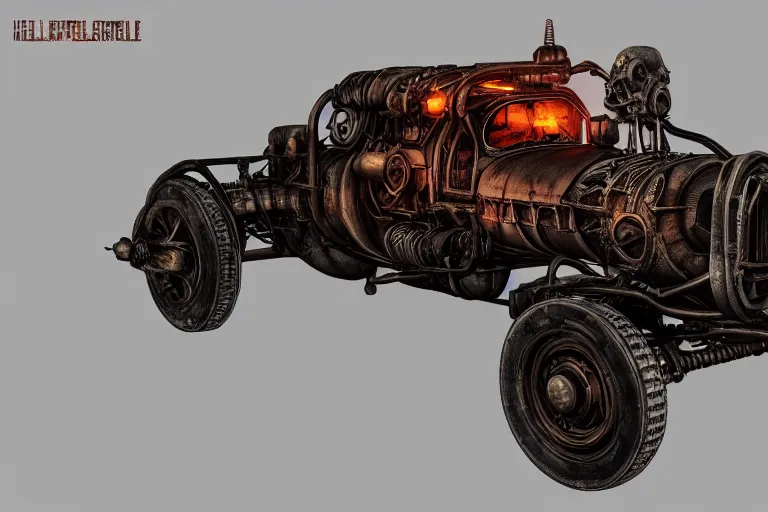 Image similar to hellfire engine strokeed by the echo, mad max, in the style of hannes bok and doug chiang and vernon grant, trending on artstation, back lighting rear view steampunk, blueprint, muted colors, gothic, tachisme