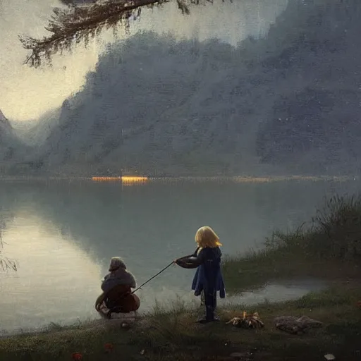 Image similar to marlenia and a long white european girl with a blonde hairband fishing on a lake in the early hours of the morning, the dark surface of the lake reflects the ribbon of the milky way, video game character art, fantasy art, by jeremy lipking, masterpiece