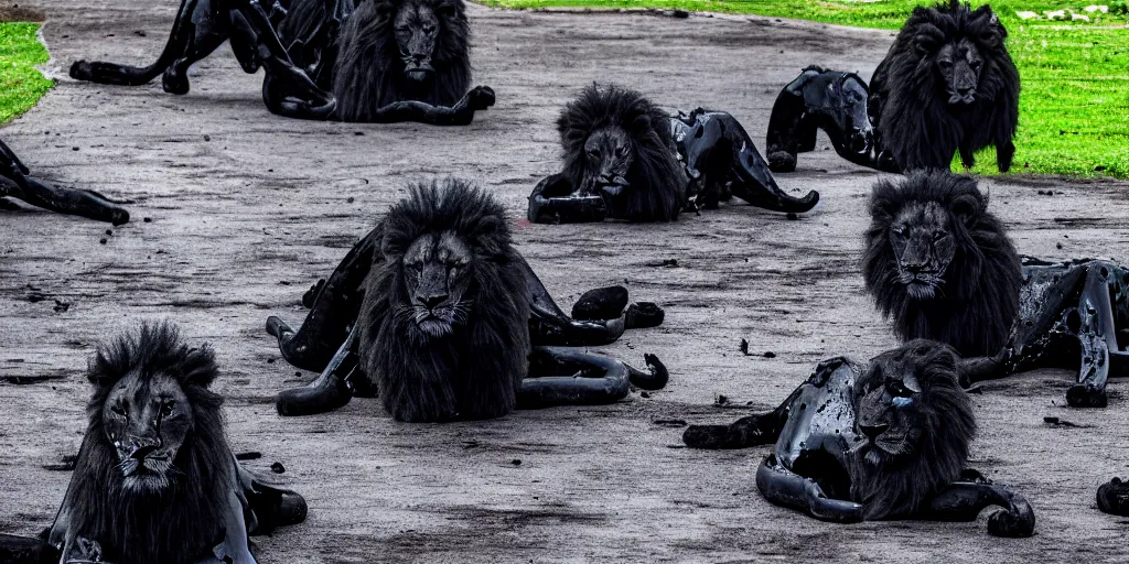 Image similar to the pack of smooth black lions, made of smooth black goo, in the zoo exhibit, viscous, sticky, full of black goo, covered with black goo, splattered black goo, dripping black goo, dripping goo, splattered goo, sticky black goo. photography, dslr, reflections, black goo, zoo, exhibit