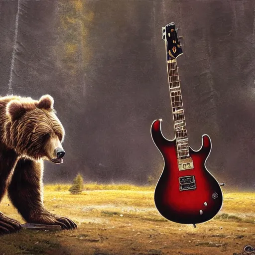 Image similar to Realistic brown bear playing (Albert King, Jimi Hendrix, Lenny Kravitz, Michael Schenker, Rudolph Schenker, Michael Weikath)'s guitar, by Antonio Caparo and Ferdinand Knab and Greg Rutkowski UHD photorealistic trending on artstation