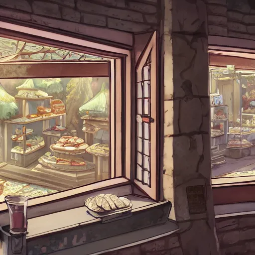 Prompt: concept art painting of a historic bakery with european and japanese architecture, window with baked goods, in a woodland village surrounded by trees and mountains, realistic, detailed, cel shaded, in the style of makoto shinkai and greg rutkowski and james gurney