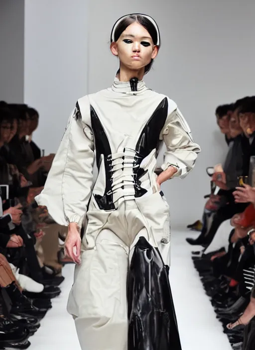 Prompt: a portrait of a model detailed features wearing a cargo latex wedding dress - chic'techno fashion trend lots of zippers, pockets, synthetic materials, jumpsuits. by issey miyake and mitsuo katsui