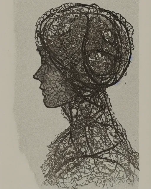 Image similar to a woman's face in profile, wearing a space helmet made of intricate delicate seaweed, in the style of the dutch masters and vaughan oliver, dark and moody