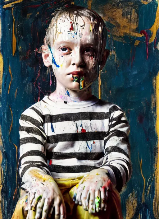 Image similar to portrait of a child harlequin sitting on a stool, by vincent lefevre and hernan bas and pat steir and hilma af klint, psychological, photorealistic, symmetrical face, dripping paint, washy brush, threads, rendered in octane, altermodern, masterpiece