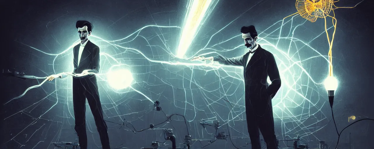 Image similar to duotone dark scifi illustration 3 / 4 portrait of nikola tesla with conducting eletricity experiments with tesla coils. cinematic lighting mad scientist style. golden ratio accidental renaissance. by sachin teng and sergey kolesov and ruan jia and heng z. graffiti art, scifi, fantasy, hyper detailed. octane render. concept art. trending on artstation