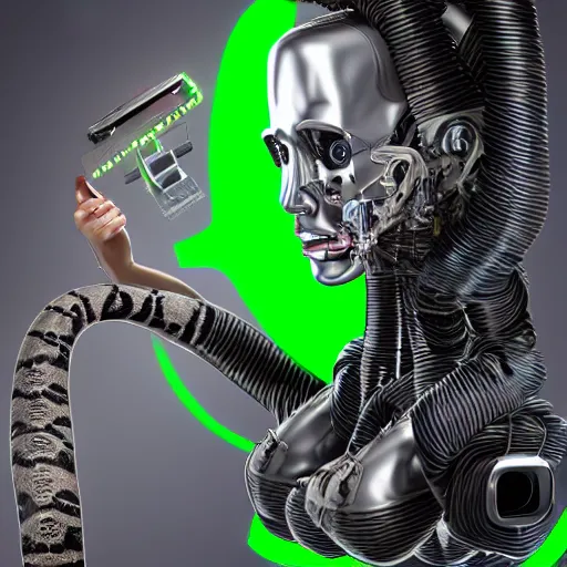 Image similar to the torso of a terminator lady with borg implants, human face and robotic snakes coming out of her head is hanging from cables and wires off the ceiling of an abandoned computer lab and plugged into a quantum computer. Her bottom half is missing with cables hanging out. She is taking a sip from a cup of coffee. Tiny green led lights in her cybernetics. very detailed 8k. cyberpunk style.