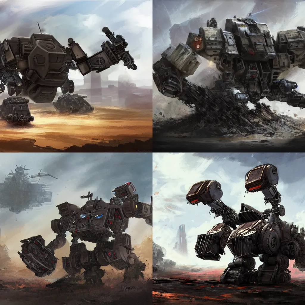 Prompt: concept art of a broken battlemech on a battlefied, by craig mullens