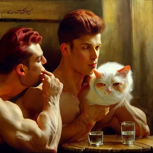 Image similar to attractive muscular male with red hair and muscular attractive white fluffy cat, drinking their hearts out, in a pub. very defined and highly detailed painting by j. c. leyendecker, gaston bussiere, craig mullins 8 k