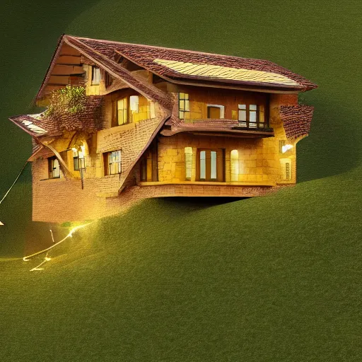 Image similar to small hillside house made of honey, modern lighting, hyper - realistic, hyper - detailed, 8 k, octane rendered, art nouveau, organic, flowing, impossible torsion, writhing, dynamic