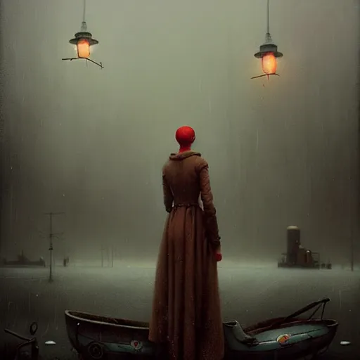 Prompt: waiting in line for cold soup by simon stalenhag and gil elvgren and tom bagshaw, dreary, cold, cloudy, grey