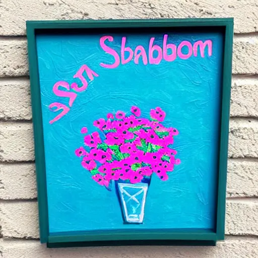 Image similar to sign with pink flowers painted on it that says'shabbat shalom ', beautiful painting, intricate, blue, purple