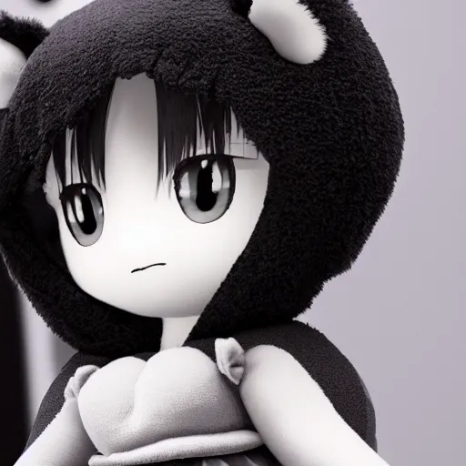 Image similar to a cute fumo plush of a girl with an enormous forehead, soft shadow, black and white, vray