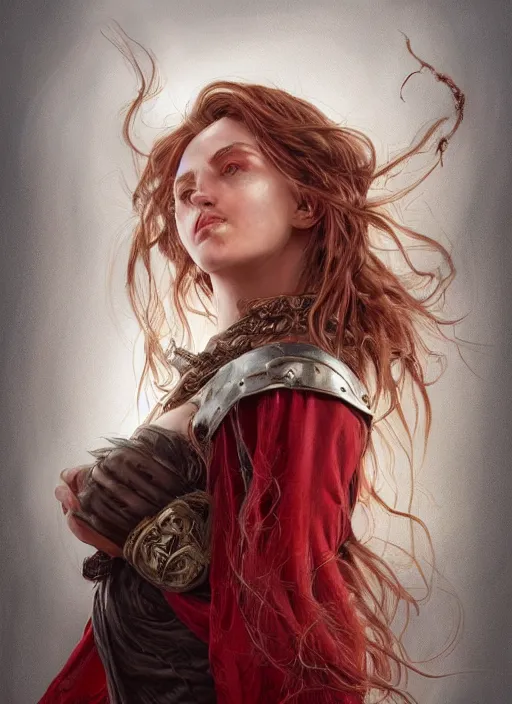 Image similar to vertical portrait of a ruggedly handsome female cleric, soft hair, close - up face, leather, witchy, d & d, fantasy, intricate, elegant, highly detailed, digital painting, artstation, concept art, smooth, sharp focus, illustration, art by artgerm and greg rutkowski and alphonse mucha, plain red background