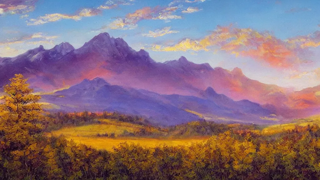 Prompt: The most beautiful panoramic landscape, oil painting, where the mountains are towering over the valley below their peaks shrouded in mist, the sun is just peeking over the horizon producing an awesome flare and the sky is ablaze with warm colors and stratus clouds. A giant dreamy waterfall separates the valley and the trees are starting to bloom in a great variety of colors, by Greg Rutkowski, aerial view