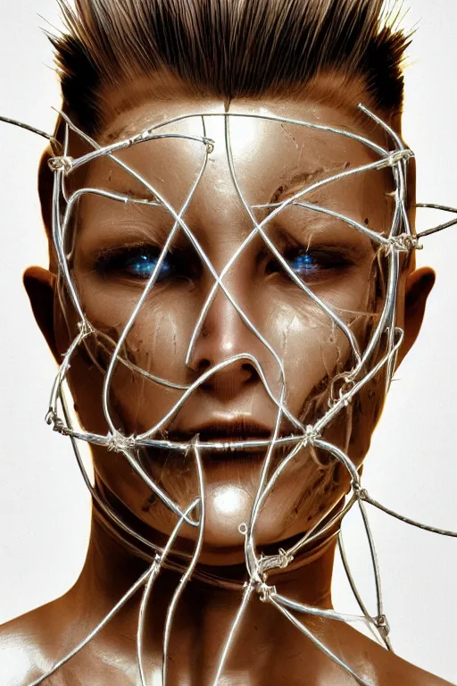 Image similar to organic cyborg head wrapped in barb wire by Hajime Sorayama and Jamie Coreth, trending on artstation, centered, symmetrical, electric hair, bilateral symmetry, 80s poster, polished, thick smoke, retro dark vintage sci-fi, 2D matte illustration