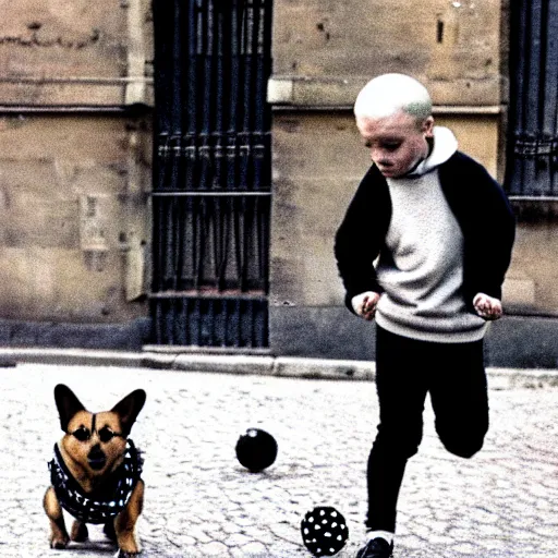 Image similar to a french boy on the streets of paris playing football against a corgi, the dog is wearing a polka dot scarf, book illustration, 1 9 6 6