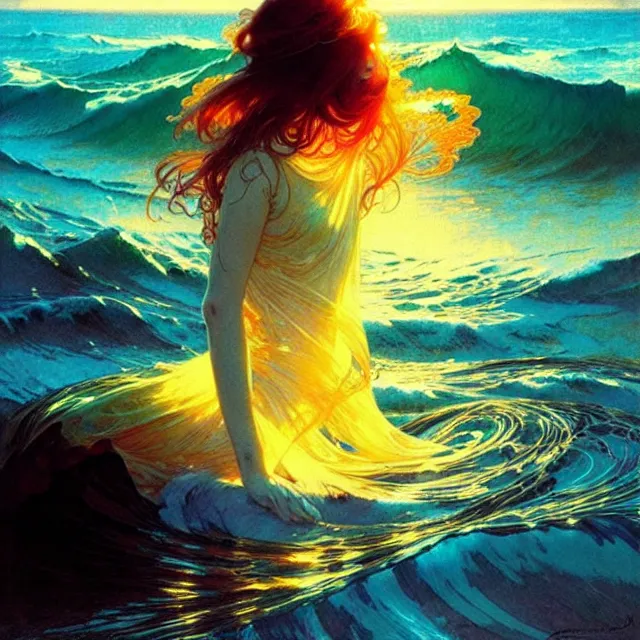 Prompt: ocean waves of glossy liquid psychedelic honey drops flowing like translucent amber, lsd waves, lsd ripples, backlit, sunset, refracted lighting, art by collier, albert aublet, krenz cushart, artem demura, alphonse mucha