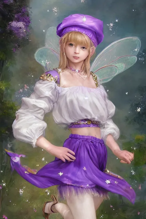 Image similar to Full View fairy maiden with short blond hair wearing an oversized purple Beret, Baggy Purple overall shorts, Short Puffy pants made of silk, silk shoes, a big billowy scarf, Golden Ribbon, and white leggings Covered in stars. covered in embroidery. Short Hair. peasant magic. masterpiece 4k digital illustration by Ruan Jia and Mandy Jurgens and Artgerm and william-adolphe bouguereau, award winning, Artstation, art nouveau aesthetic, Alphonse Mucha background, intricate details, realistic, panoramic view, Hyperdetailed, 8k resolution, intricate art nouveau