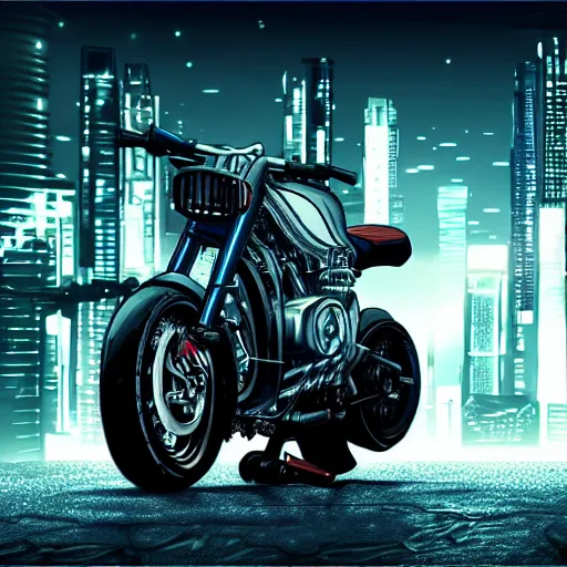 Prompt: cyberpunk motorcycle, realistic style, high detail, chrome, neon