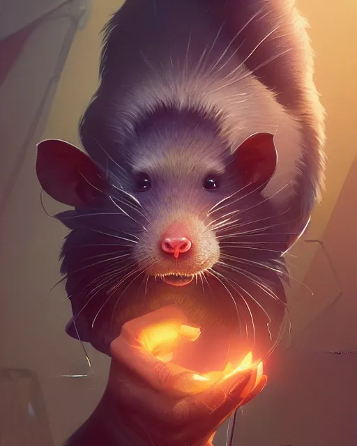 Image similar to highly detailed vfx portrait of a rat, unreal engine, greg rutkowski, loish, rhads, beeple, makoto shinkai and lois van baarle, ilya kuvshinov, rossdraws, tom bagshaw, alphonse mucha, global illumination, detailed and intricate environment