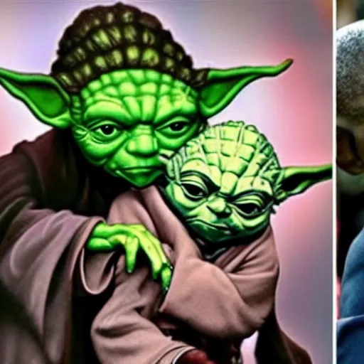 Prompt: Yoda kissing Obama