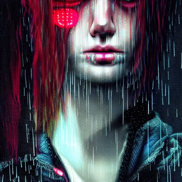 Image similar to bright portrait LSD glowing backlit rain on face and wet hair, cyberpunk, overhead lighting, fantasy, intricate, elegant, dramatic lighting, highly detailed, lifelike, photorealistic, digital painting, artstation, illustration, concept art, smooth, sharp focus, art by John Collier and Albert Aublet and Krenz Cushart and Artem Demura and Alphonse Mucha