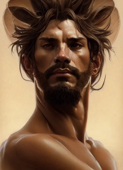 Prompt: Portrait of an man with a Lion's head, muscular, intricate, elegant, highly detailed, digital painting, artstation, concept art, smooth, sharp focus, illustration, art by artgerm and greg rutkowski and alphonse mucha