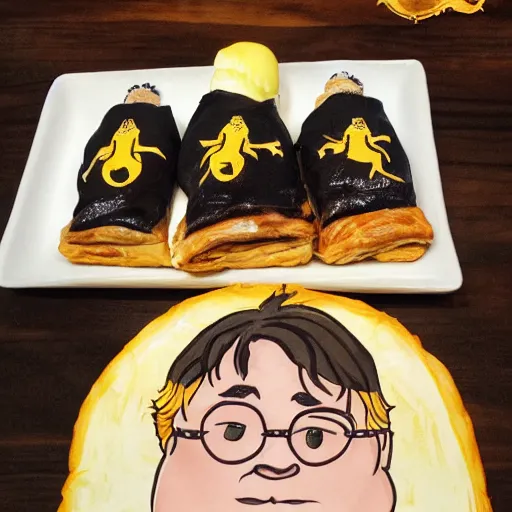 Image similar to overweight Harry Potter eating hufflepuff pastry