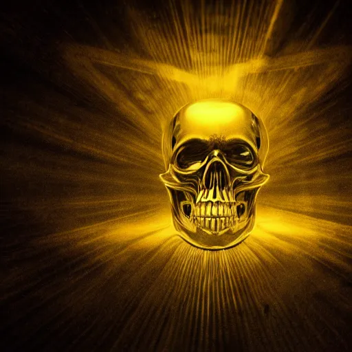 Image similar to a dark ominous chiaroscuro baroque still life photo of a single ray of light shining on a floating golden skull completely engraved in ancient runic inscriptions, messages, prophecies, spells by billelis. ominous darkness background. weirdcore