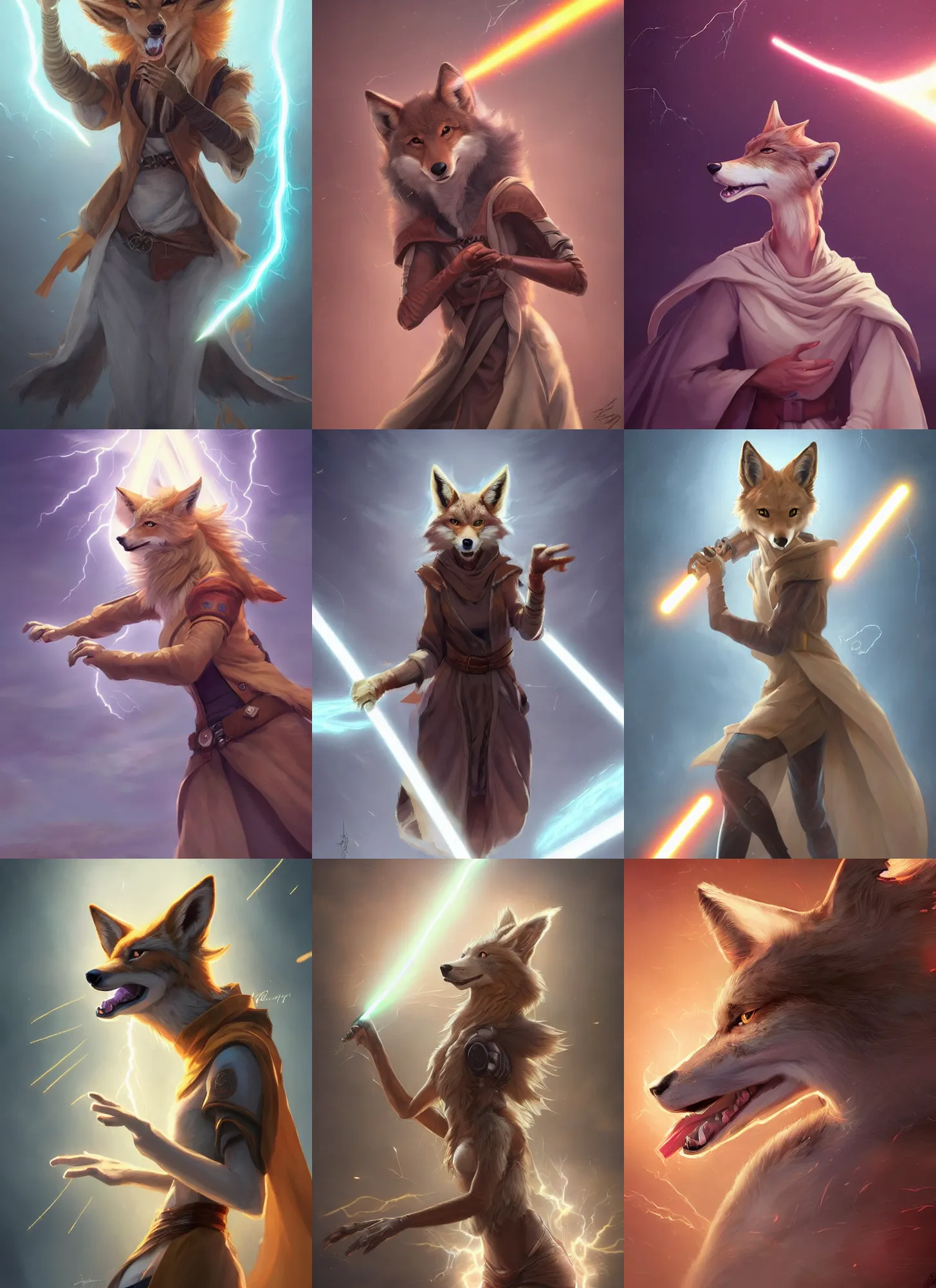 Prompt: beautiful portrait of a female anthropomorphic coyote fursona wearing jedi robes being struck by lightning. detailed hands. character design by charlie bowater, ross tran, artgerm, and makoto shinkai, detailed, soft lighting, rendered in octane