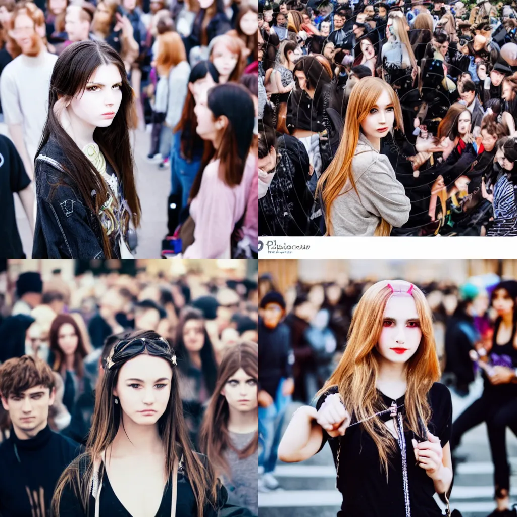 Prompt: Young cute serious beautiful kawaii goth caucasian girl standing still looking on camera motionless amidst a busy crowd of fast moving people in front